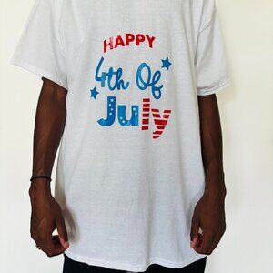 Happy 4th of July T-Shirt – Unisex White Tee with Red, White & Blue Design | Pat